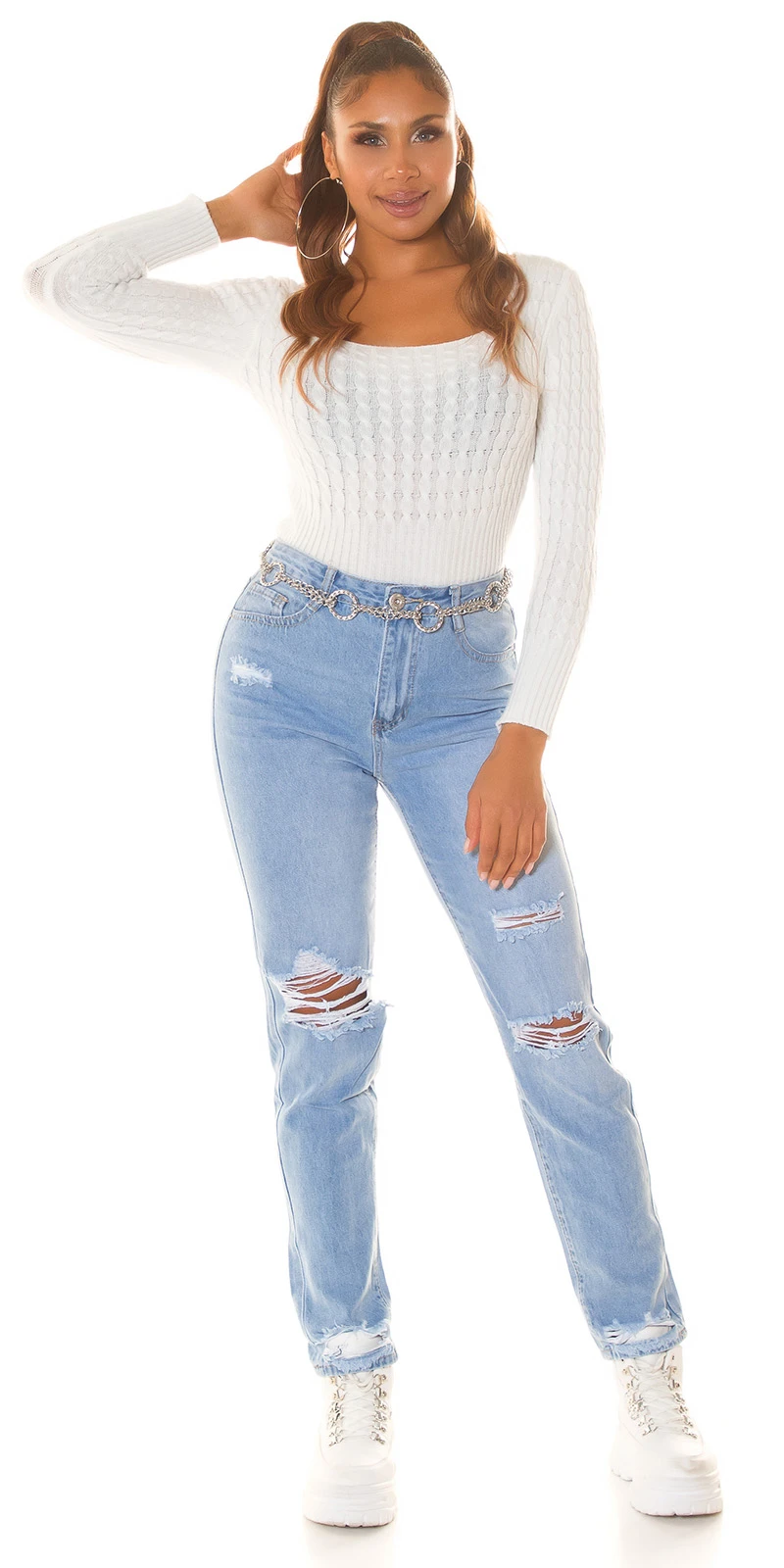 Destroyed Used Look Boyfriend Highwaist Jeans Hose mit Löcher Ripped