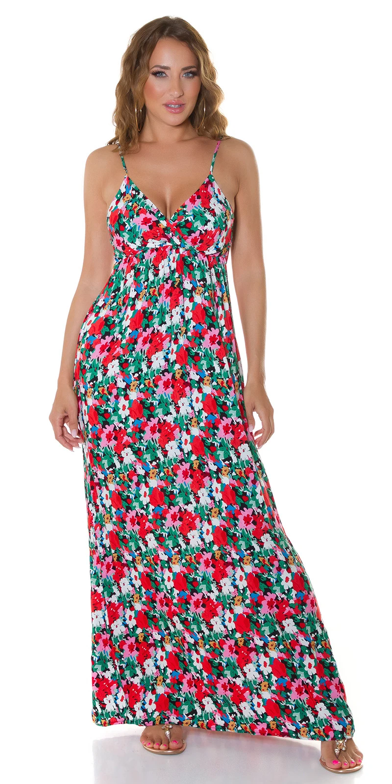 Flower Printed Träger Wickel V-Neck Maxi Viskose Sommerkleid