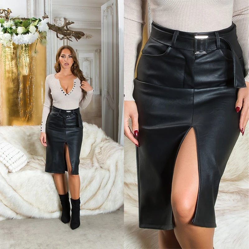 Business Highwaist Rock Kunstleder Midirock Leder Look Pencil Bleistift Rock mit Beinschlitz und Gürtel