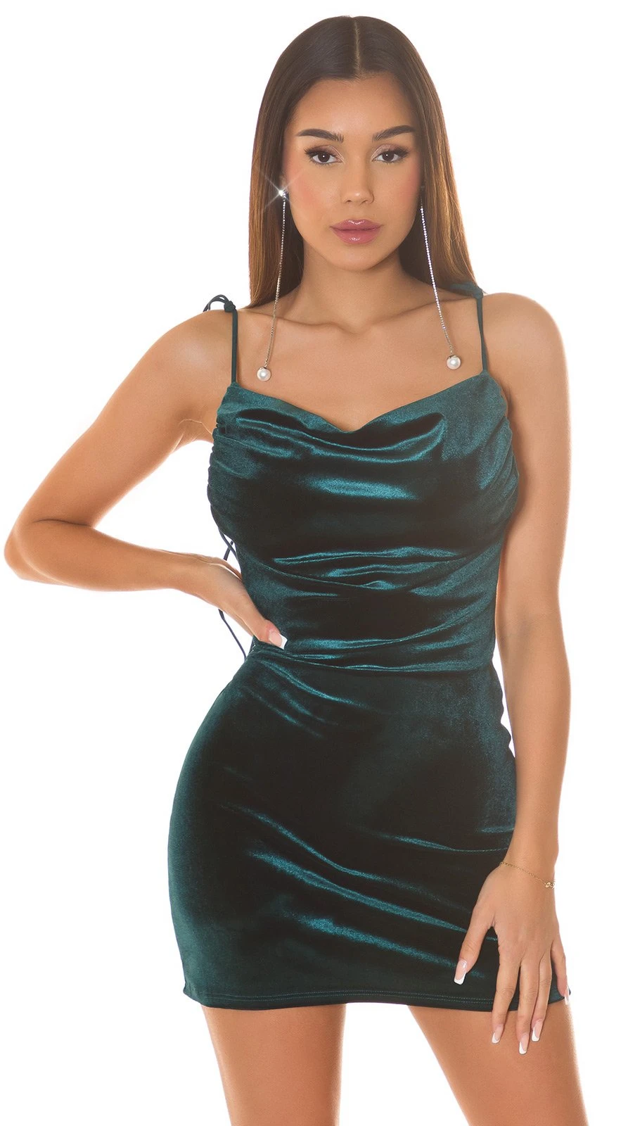 Samt Look Damen Partykleid Minikleid Trägerkleid Rückenfrei Kleid mit Wasserfall Abendkleid