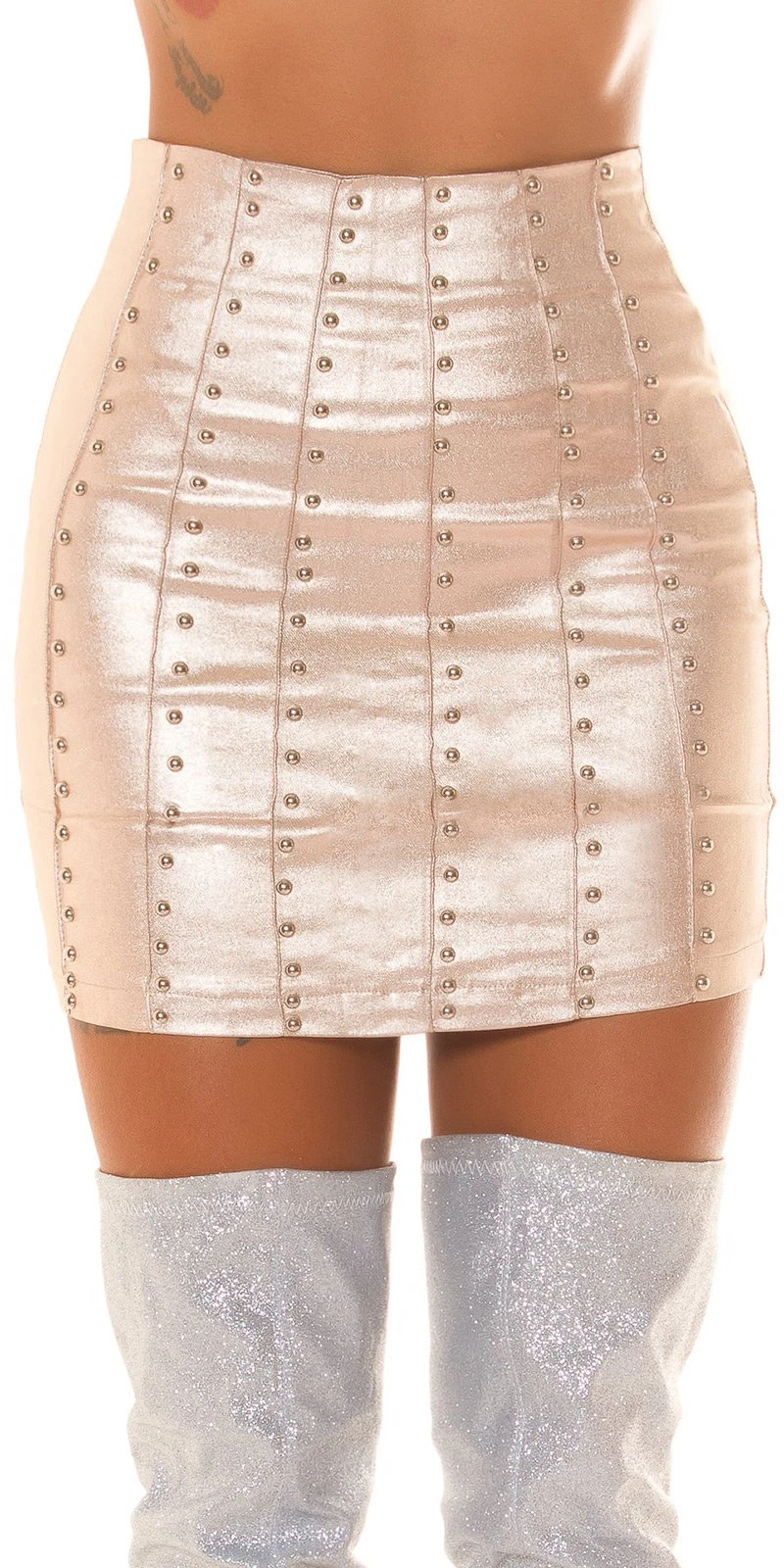 Rockiger Metallic Look High Waist Minirock mit Deko Nieten