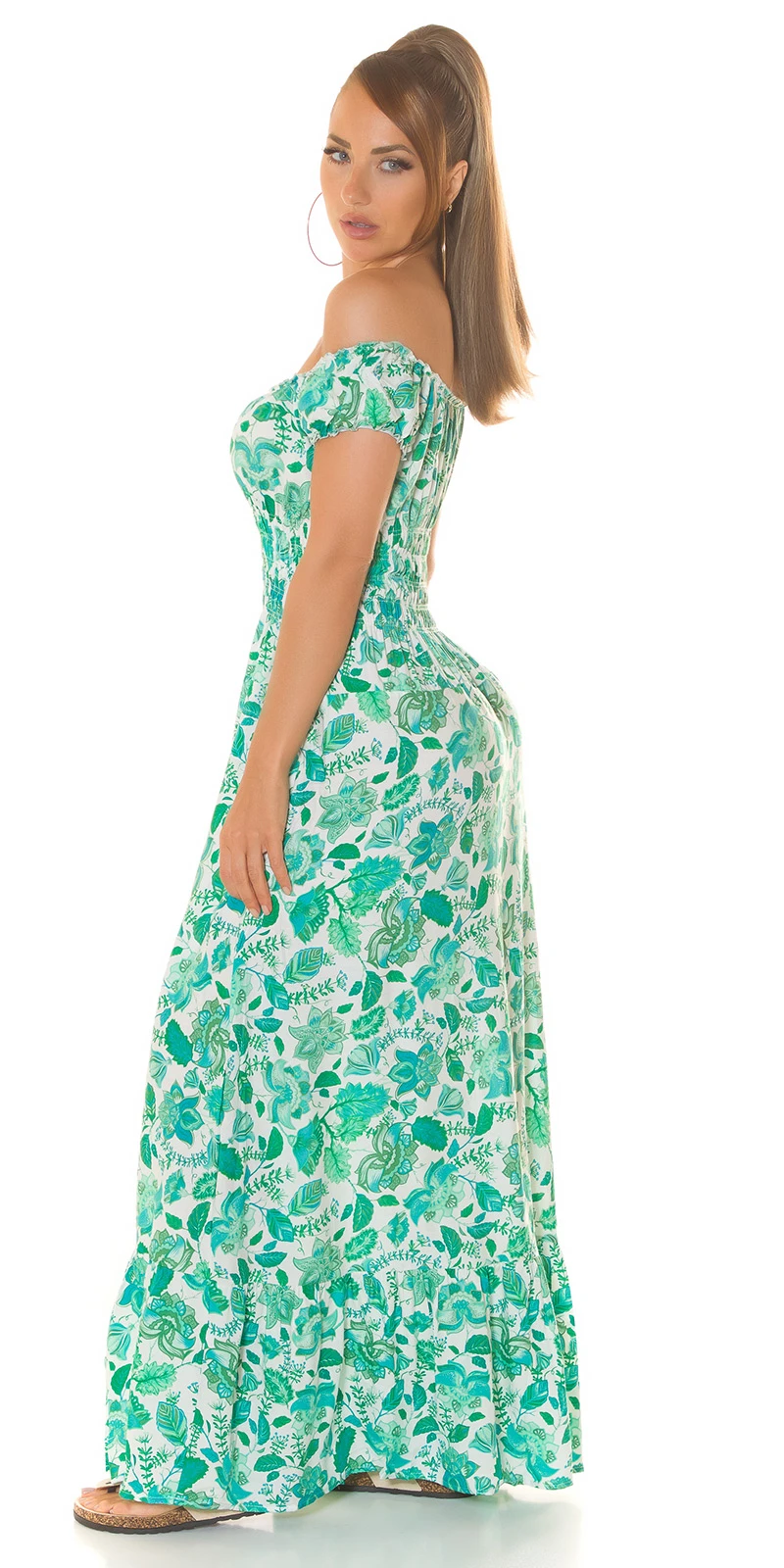 Off Shoulder Carmen Maxikleid Sommer Kleid Bodenlang mit Deko Knöpfe und Blumenmuster Flower Print