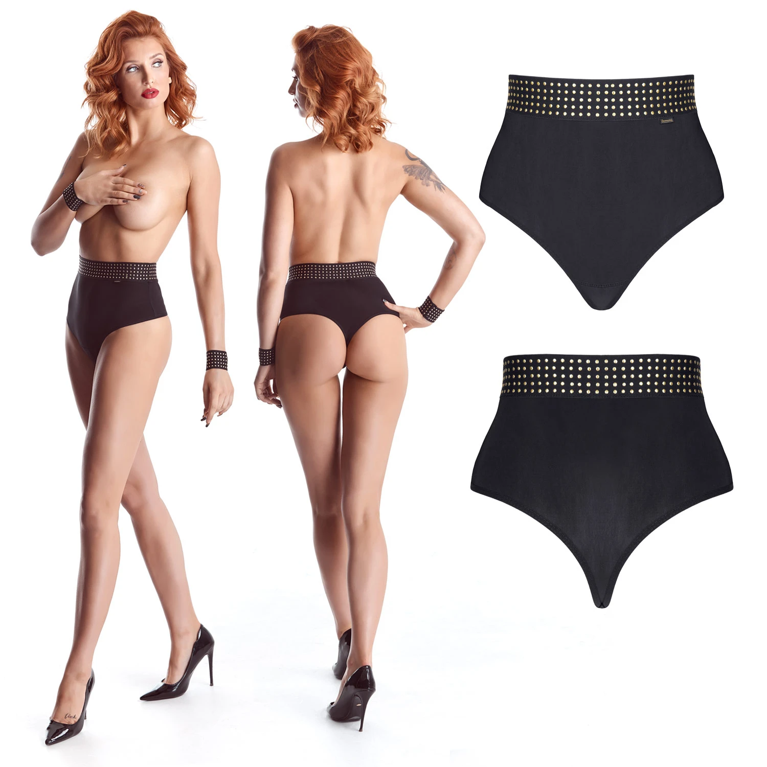 Hoch geschnittener Erotic Dessous Panty mit goldenen Punkten CBEmily001von Demoniq