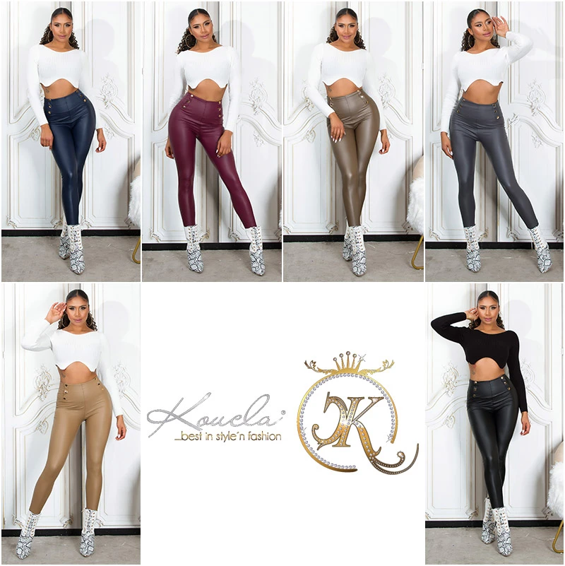 Business Thermo Leder Look High Waist Leggings mit Deko Knöpfe