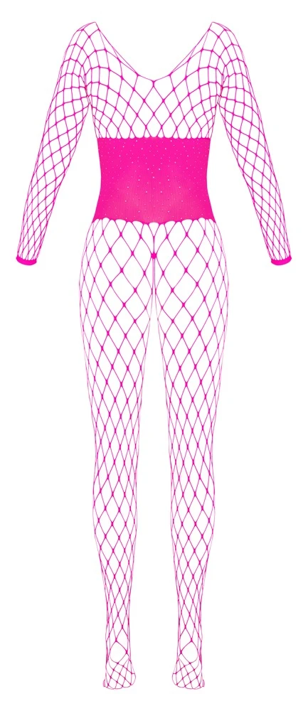 Pinkfarbener Langarm-Catsuit bodystocking ouvert von Cottelli Collection mit glitzernder Mieder-Optik, nahtlos und sexy