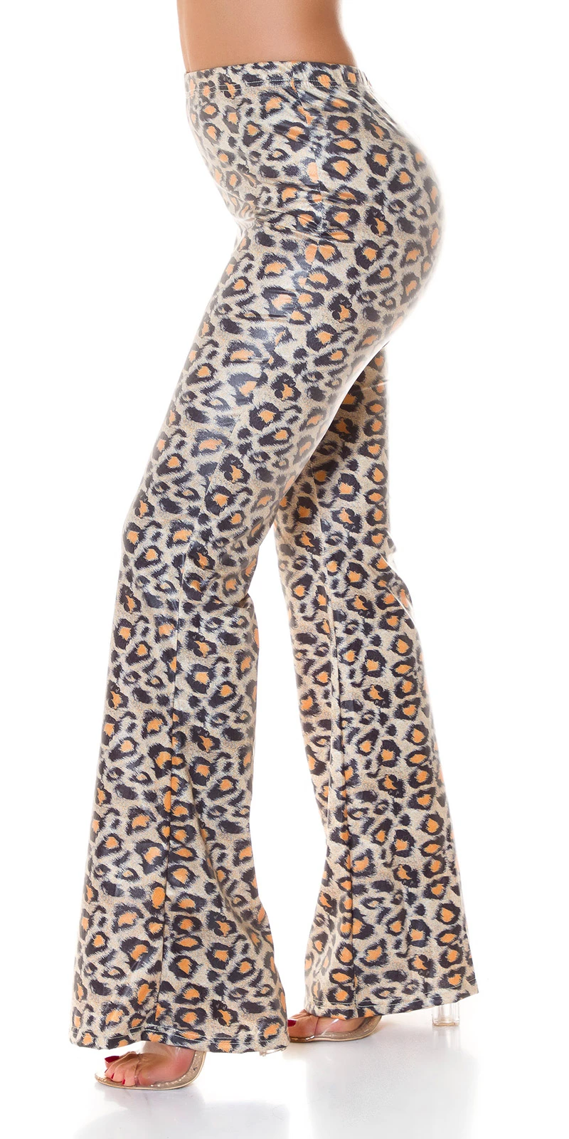 High Waist Animal Printed Wet Look Leggings mit Schlag