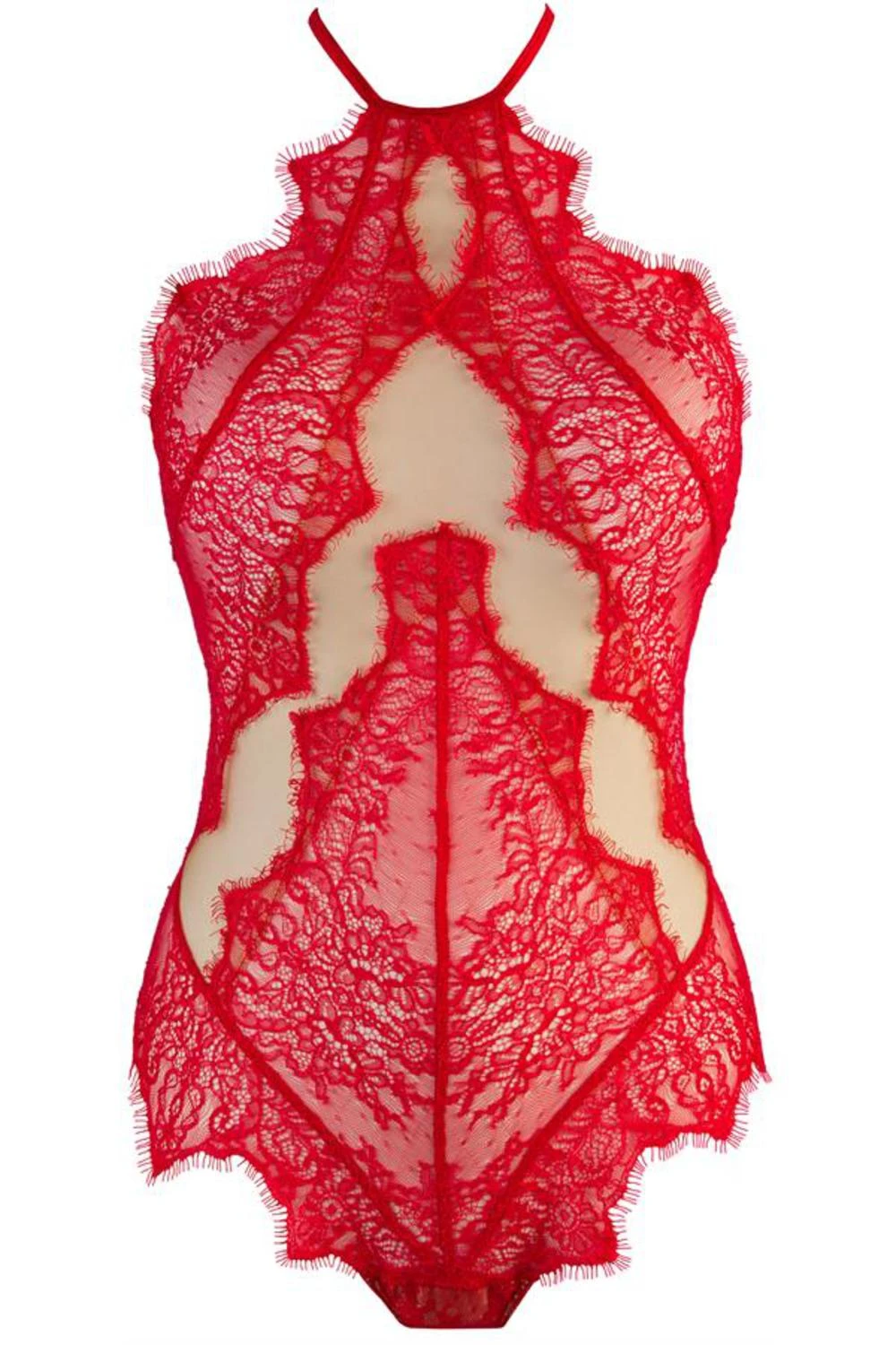 Axami transparentes Bodyl aus roter Blütenspitze mit beigen Tüll