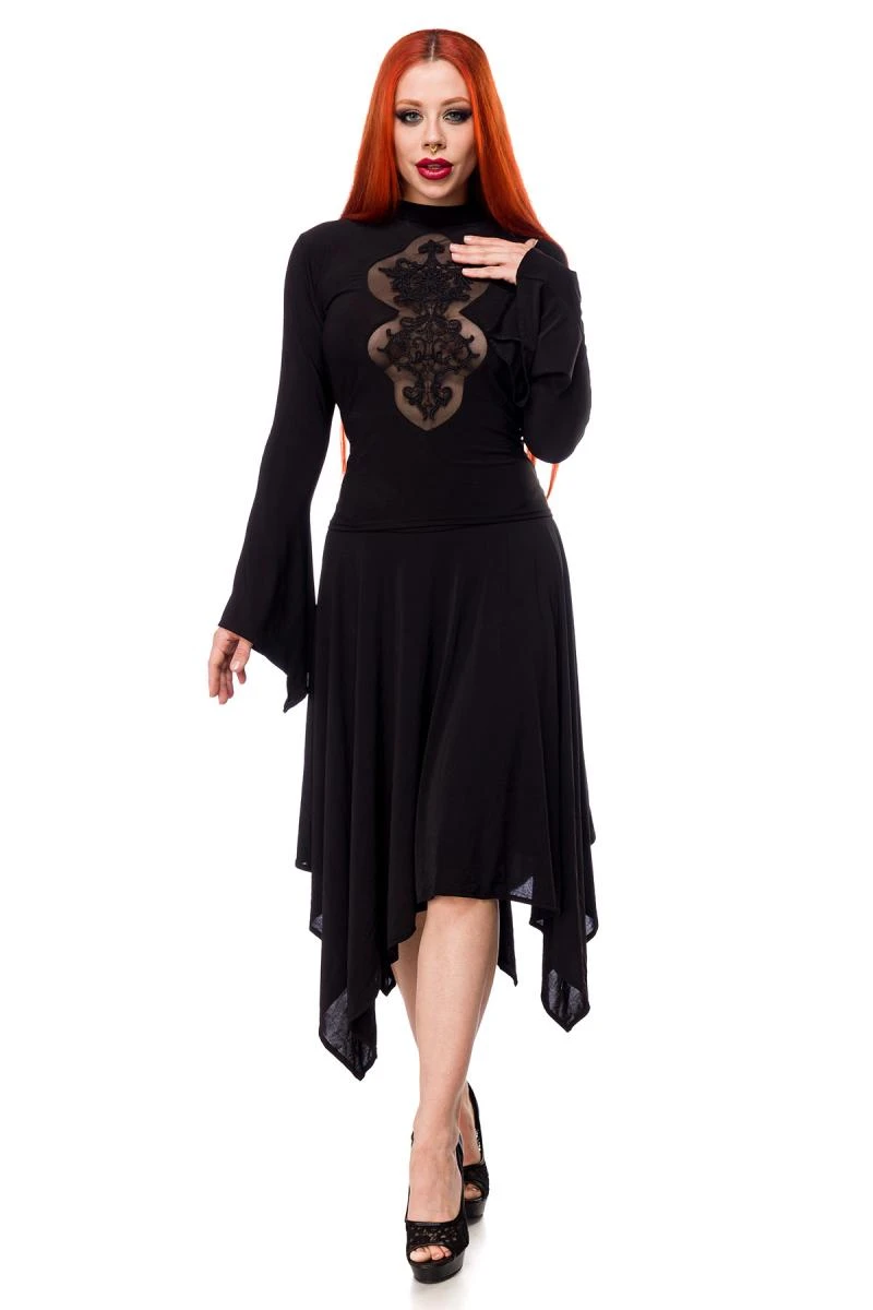 Gothic Kleid mit Spitzeneinsatz dazu Trompetenärmeln mit Zipfelsaum Abschluss