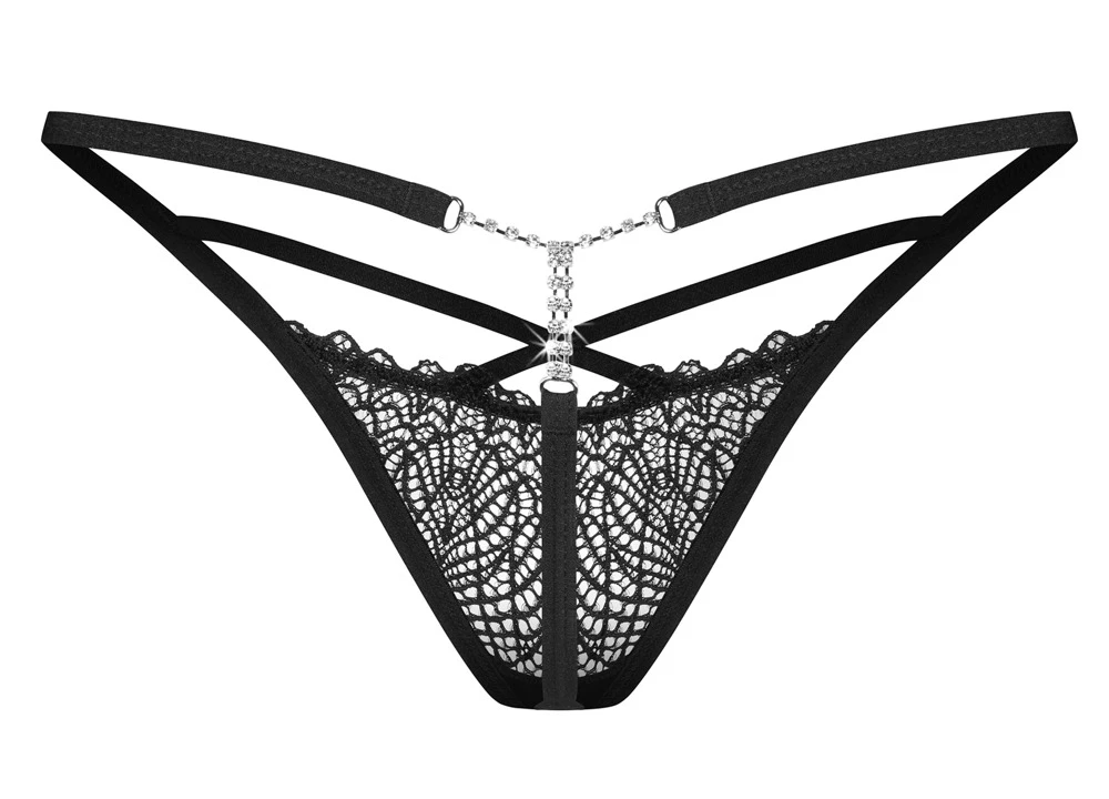 Sinnlicher String Iliosa von Obsessive mit raffinierter Spitze, eleganten Kettchen und stilvollem Schmuckdetail