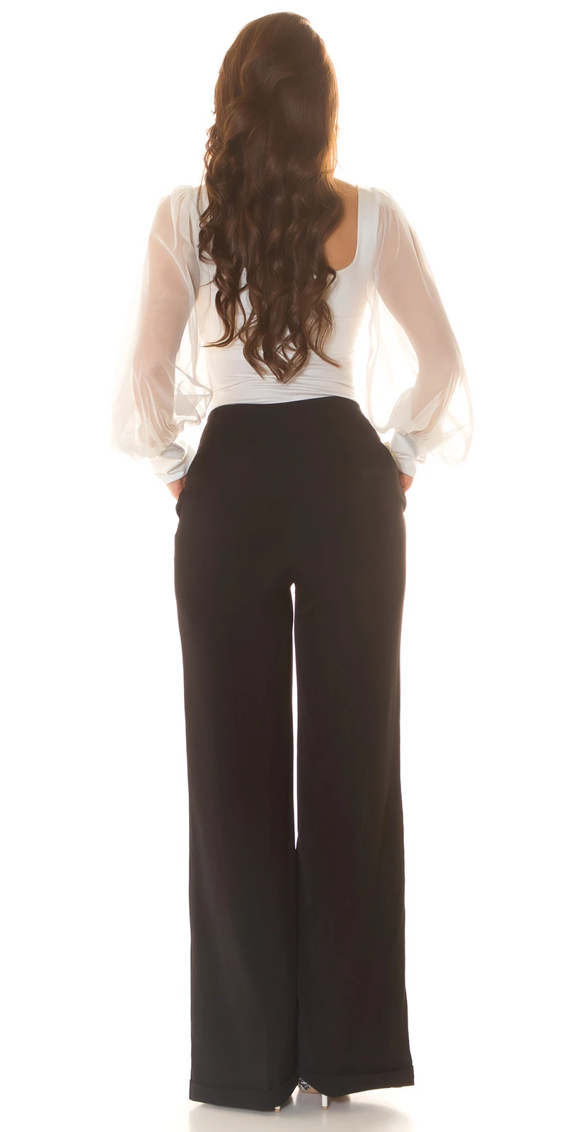 Highwaist Stoffhose Marlene Business Hose mit weitem Bein Schlaghose Bügelfalte und Krempel