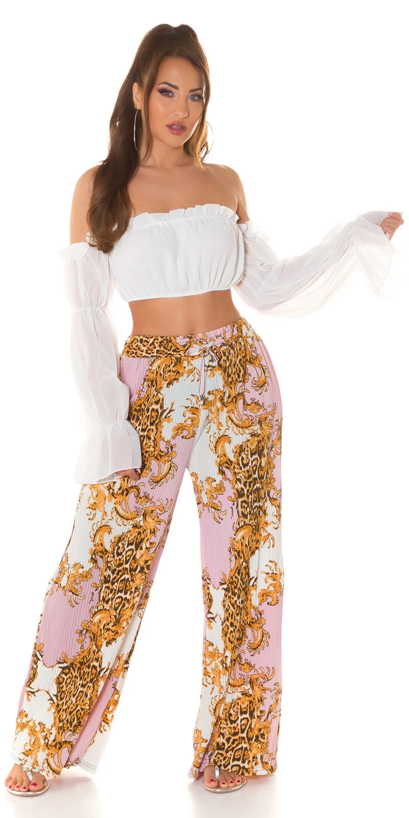 Glamour Printed High Waist Plissee Marlene Hose