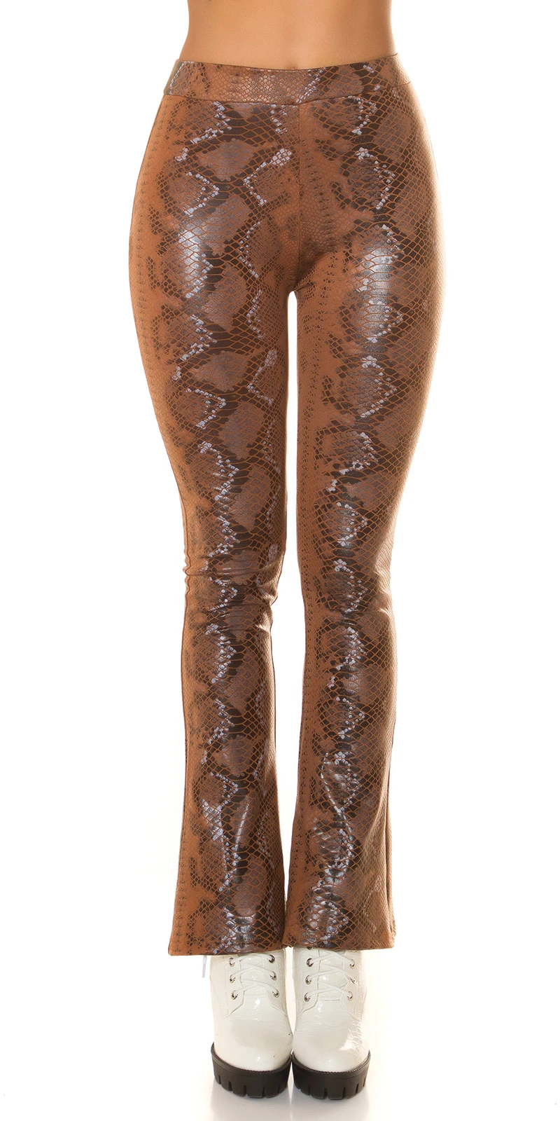 Snake Printed Leder Look High Waist Leggings mit Schlag