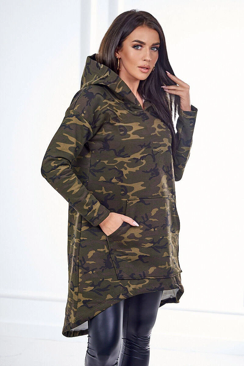 Camouflage Kapuzenpullover lang Freizeitkleid Minikleid Hoddie Sweatkleid