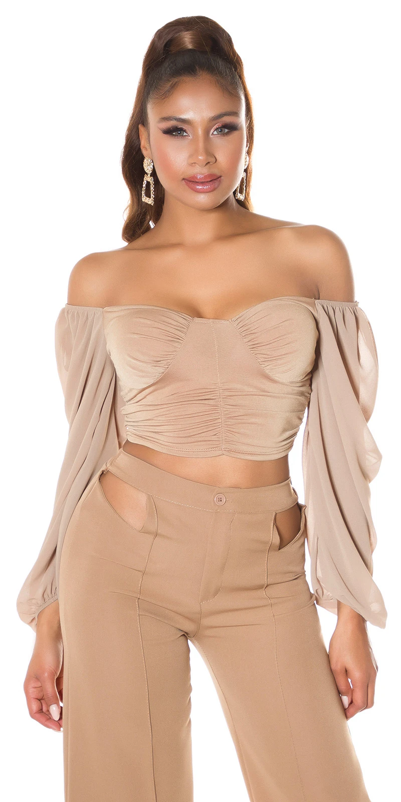 Chic Off Shoulder Crop Blusen Langarm Top mit Raffung