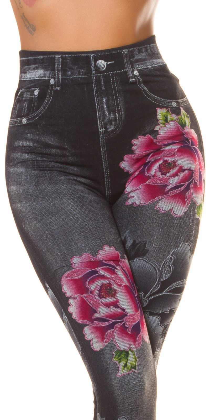 Flower Printed Stretch Jeans Look High Waist Leggings