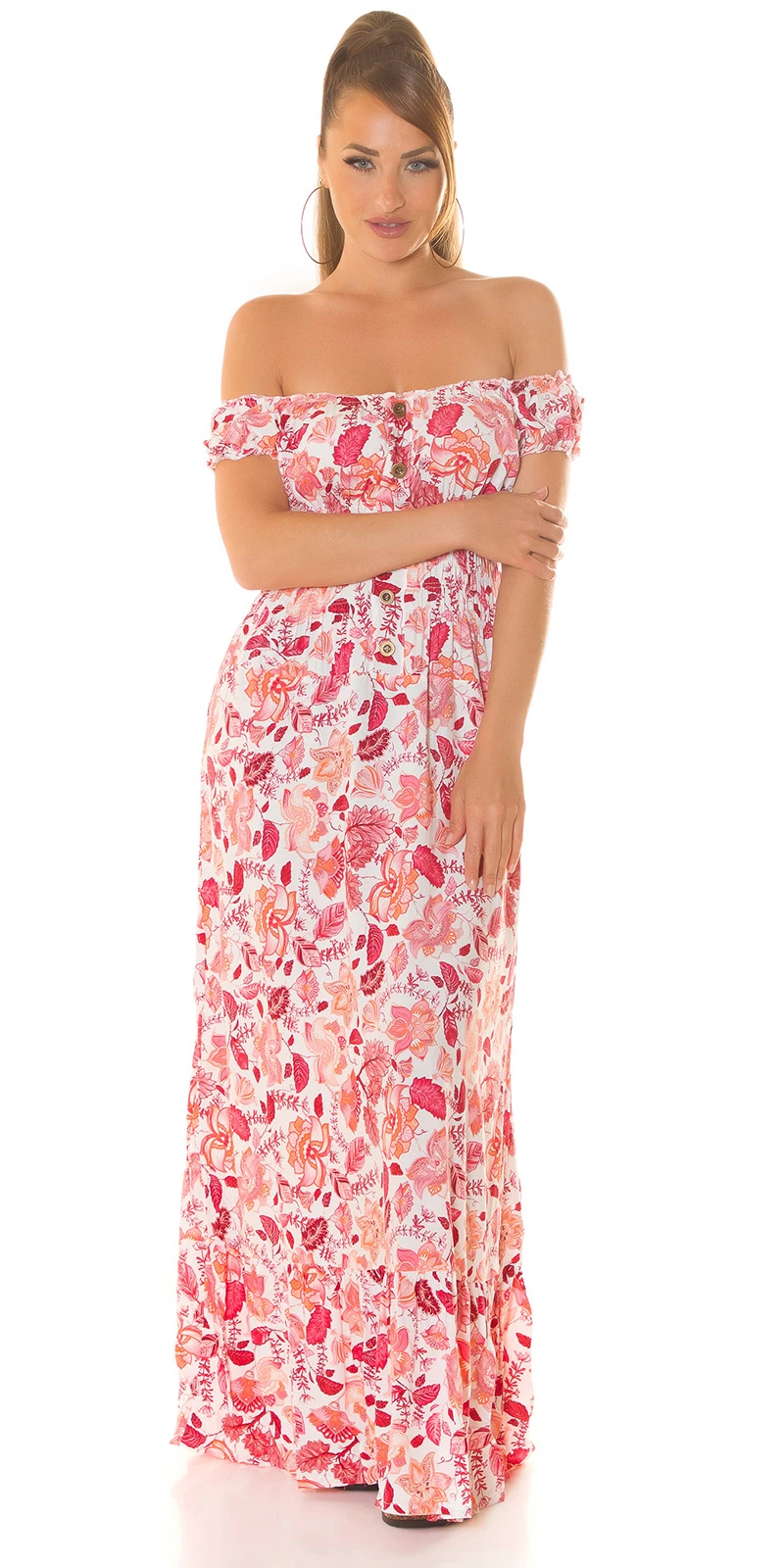 Off Shoulder Carmen Maxikleid Sommer Kleid Bodenlang mit Deko Knöpfe und Blumenmuster Flower Print