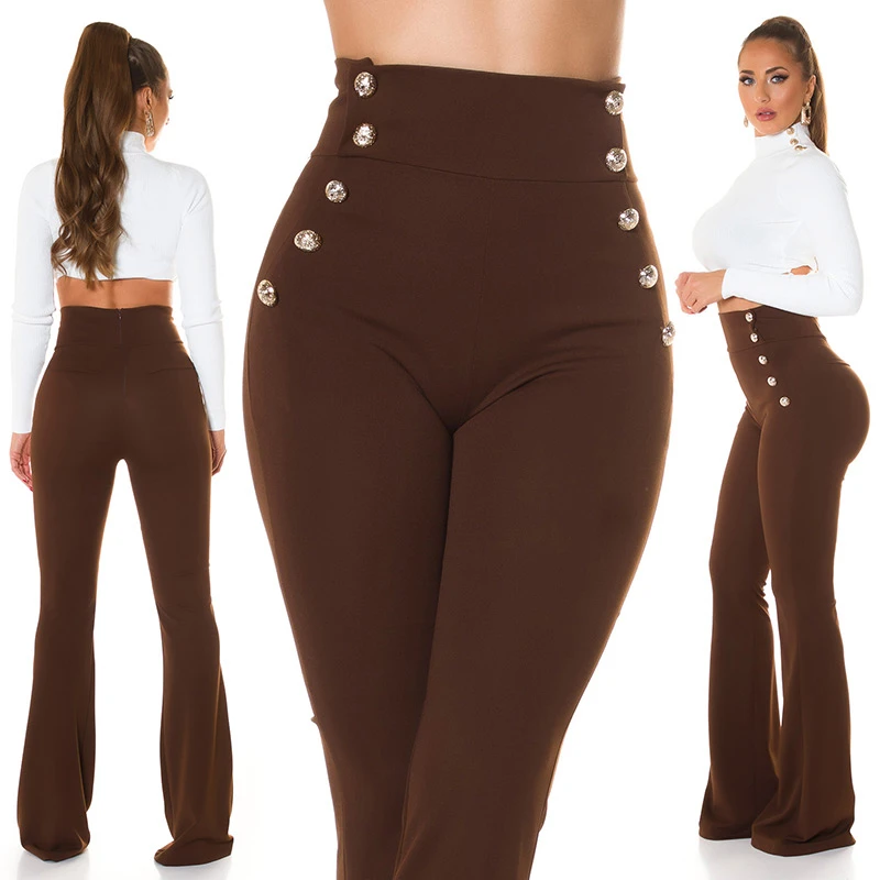 Stoff Business High Waist Schlag Hose mit Deko Knöpfe