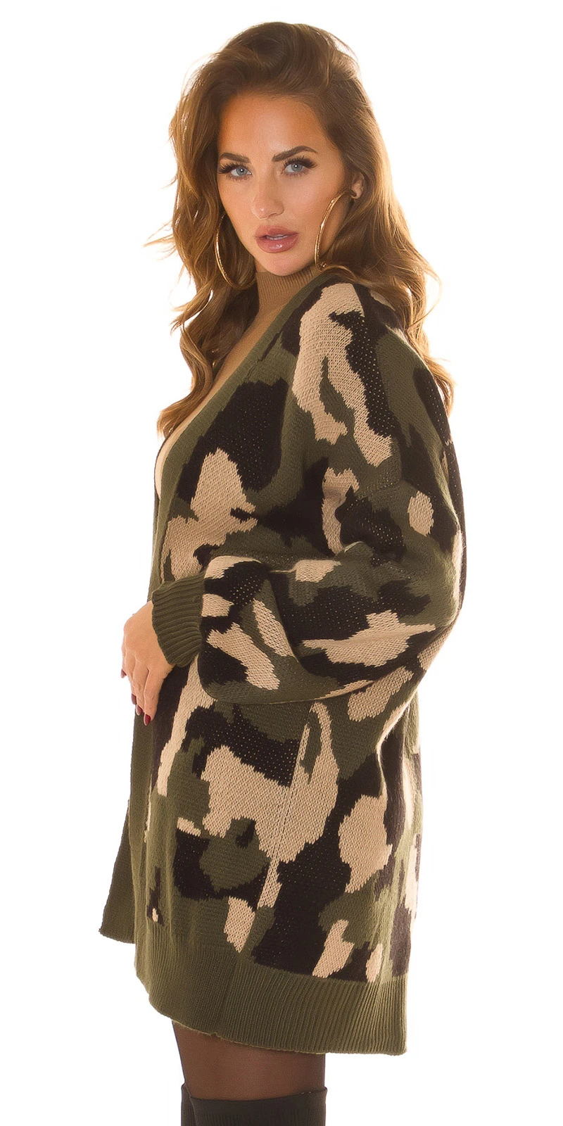 Oversize Winter Strickjacke Langarm Cardigan Camouflage Offene Front