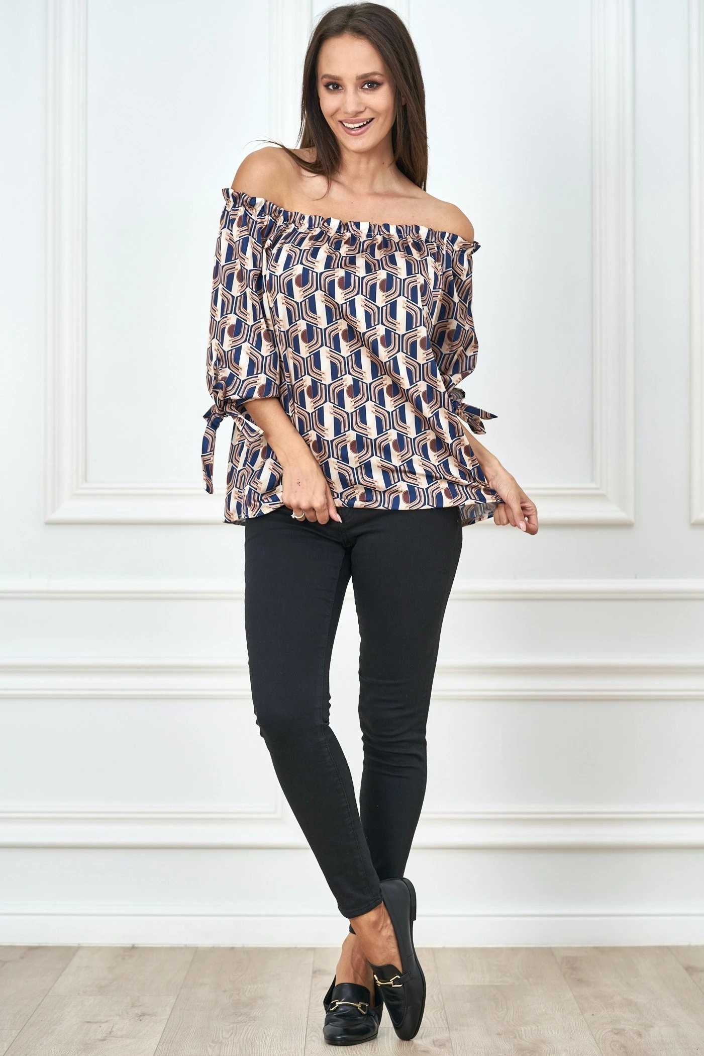 Off Shoulder Satin Blusen Shirt mit Retro-Print