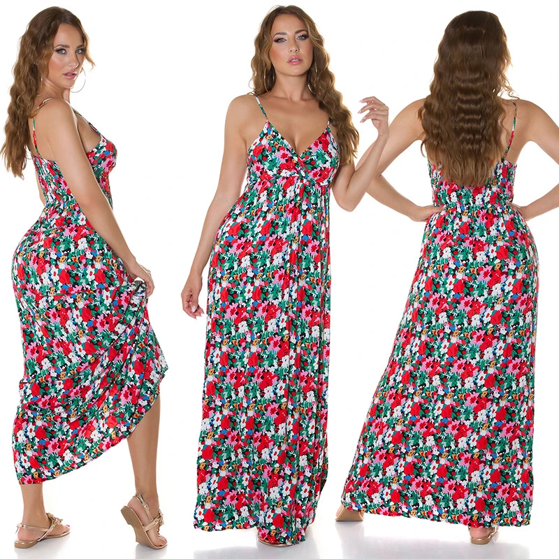 Flower Printed Träger Wickel V-Neck Maxi Viskose Sommerkleid