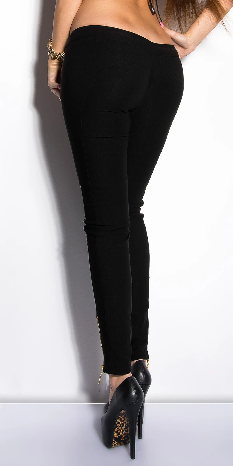 Skinny Hüft Stretch Hose mit Leder-Look-Touch und Deko Zipper