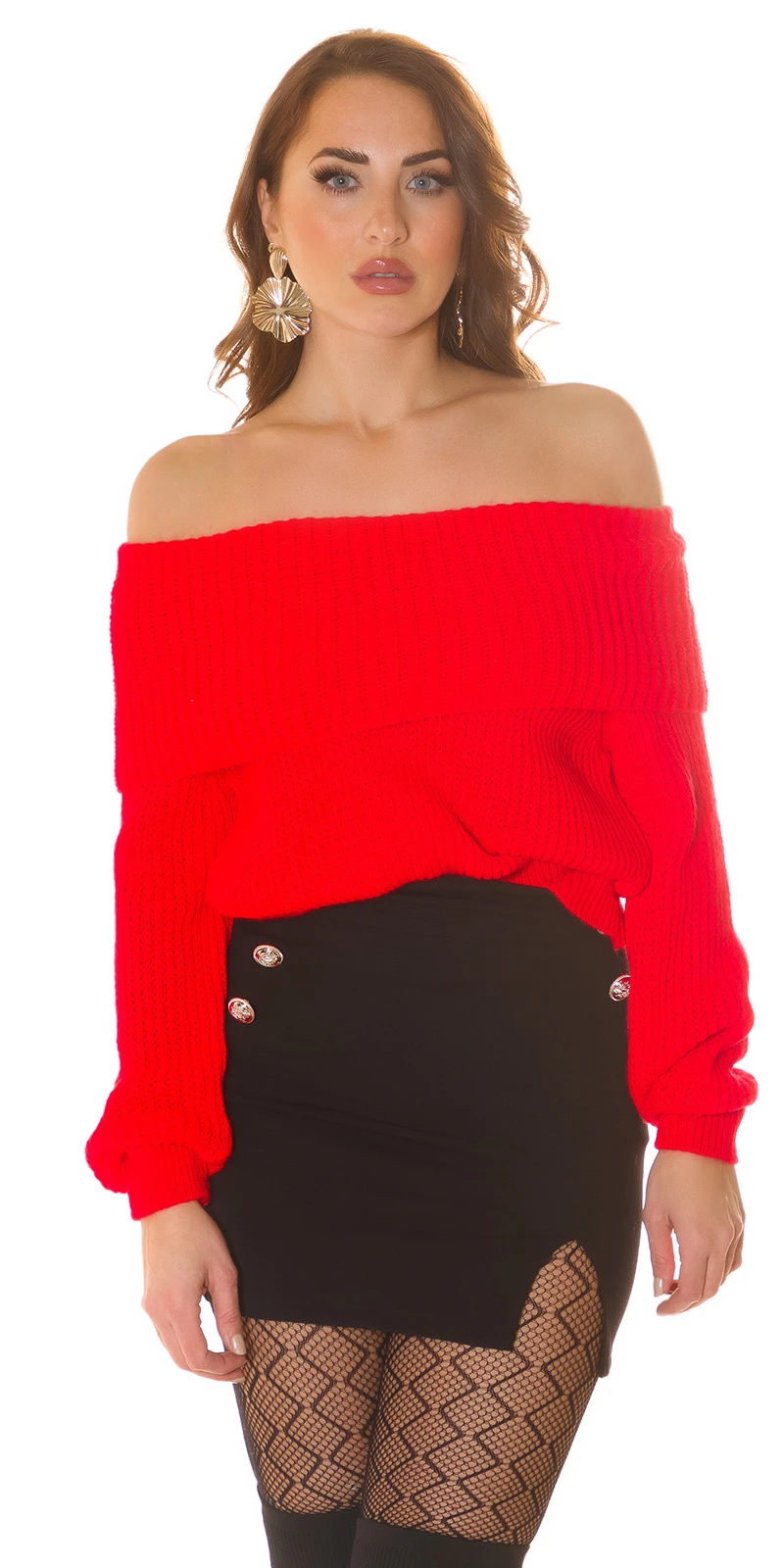 Off Shoulder Pullover Grobstrick Strickpullover Wollpullover Carmen-Ausschnitt mit Umlegekragen