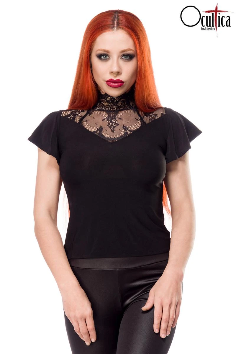 Gothic Top mit Spitzeneinsatz und Flügelärmchen von Ocultica