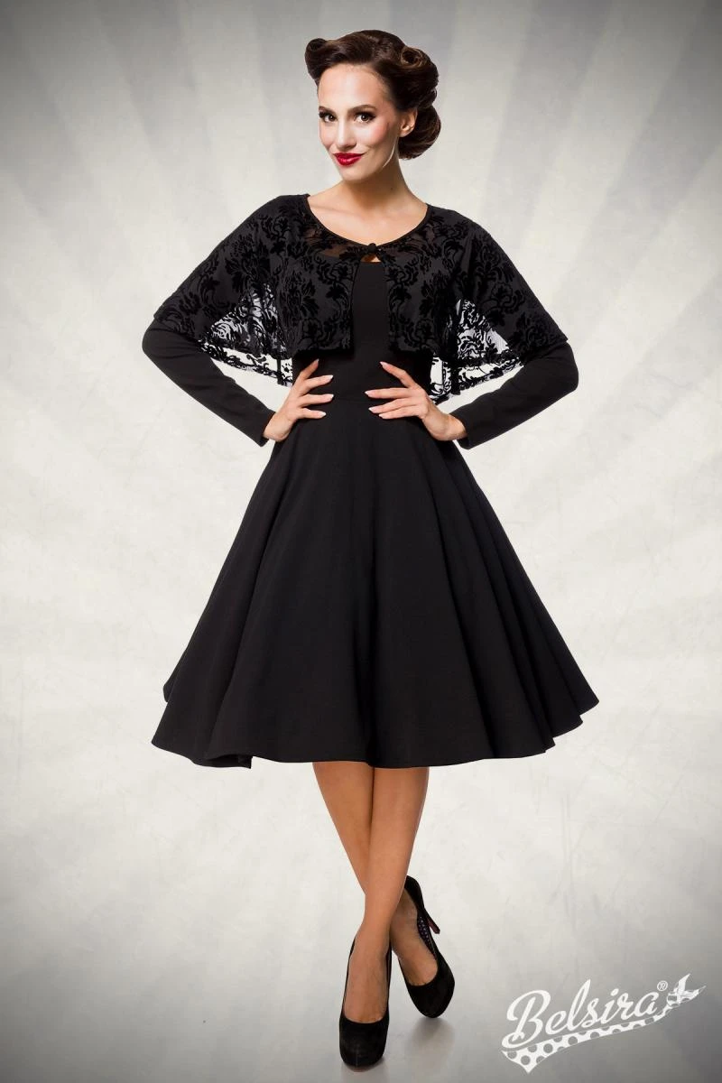 Retrokleid mit Cape aus Netz mit floralem Muster und samtigem Flockdruck