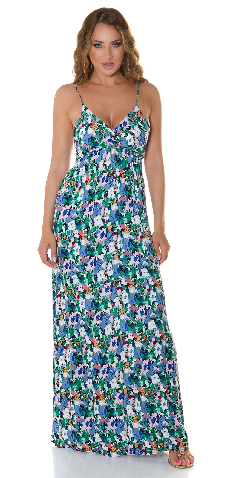 Flower Printed Träger Wickel V-Neck Maxi Viskose Sommerkleid