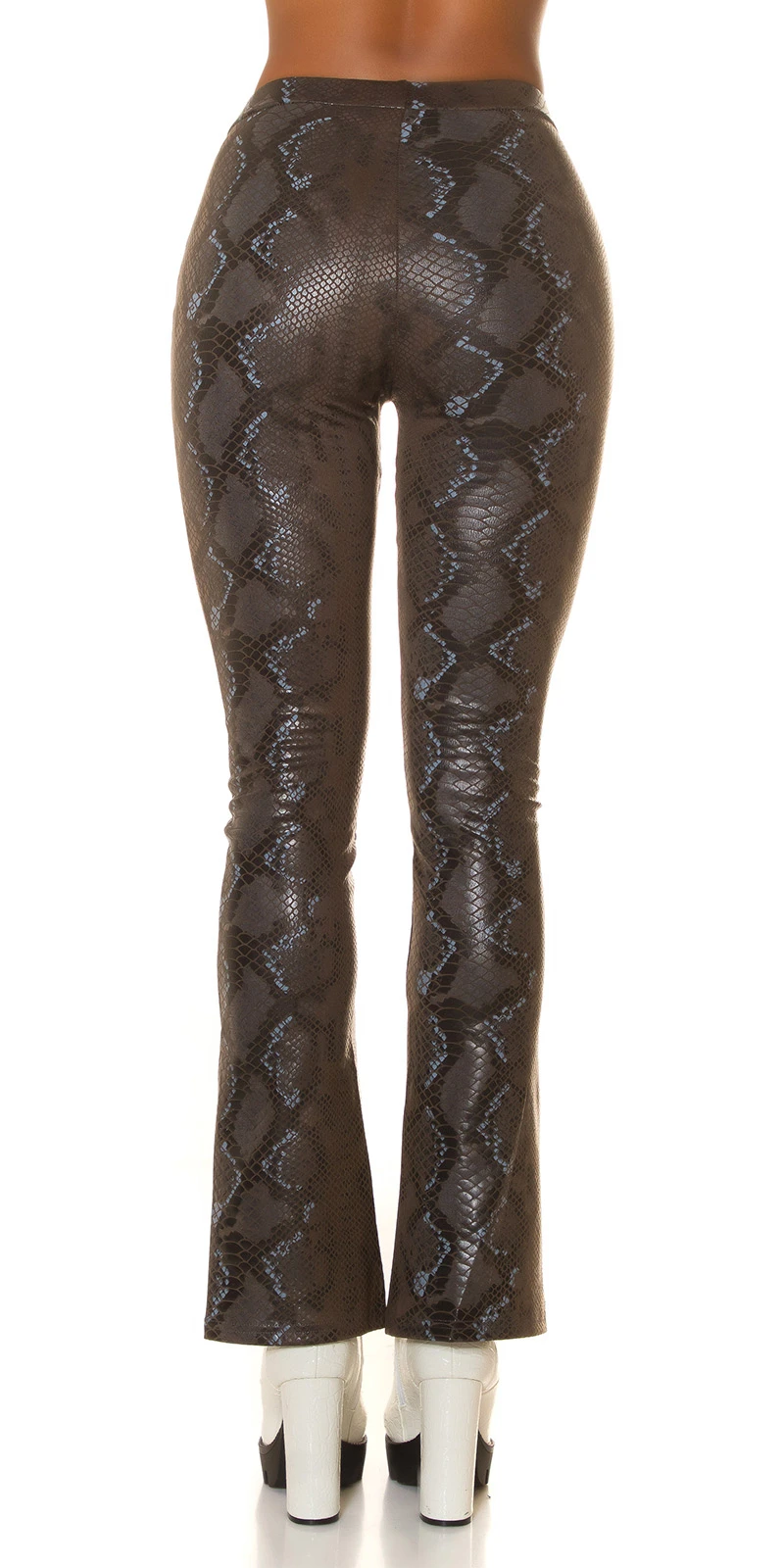 Snake Printed Leder Look High Waist Leggings mit Schlag