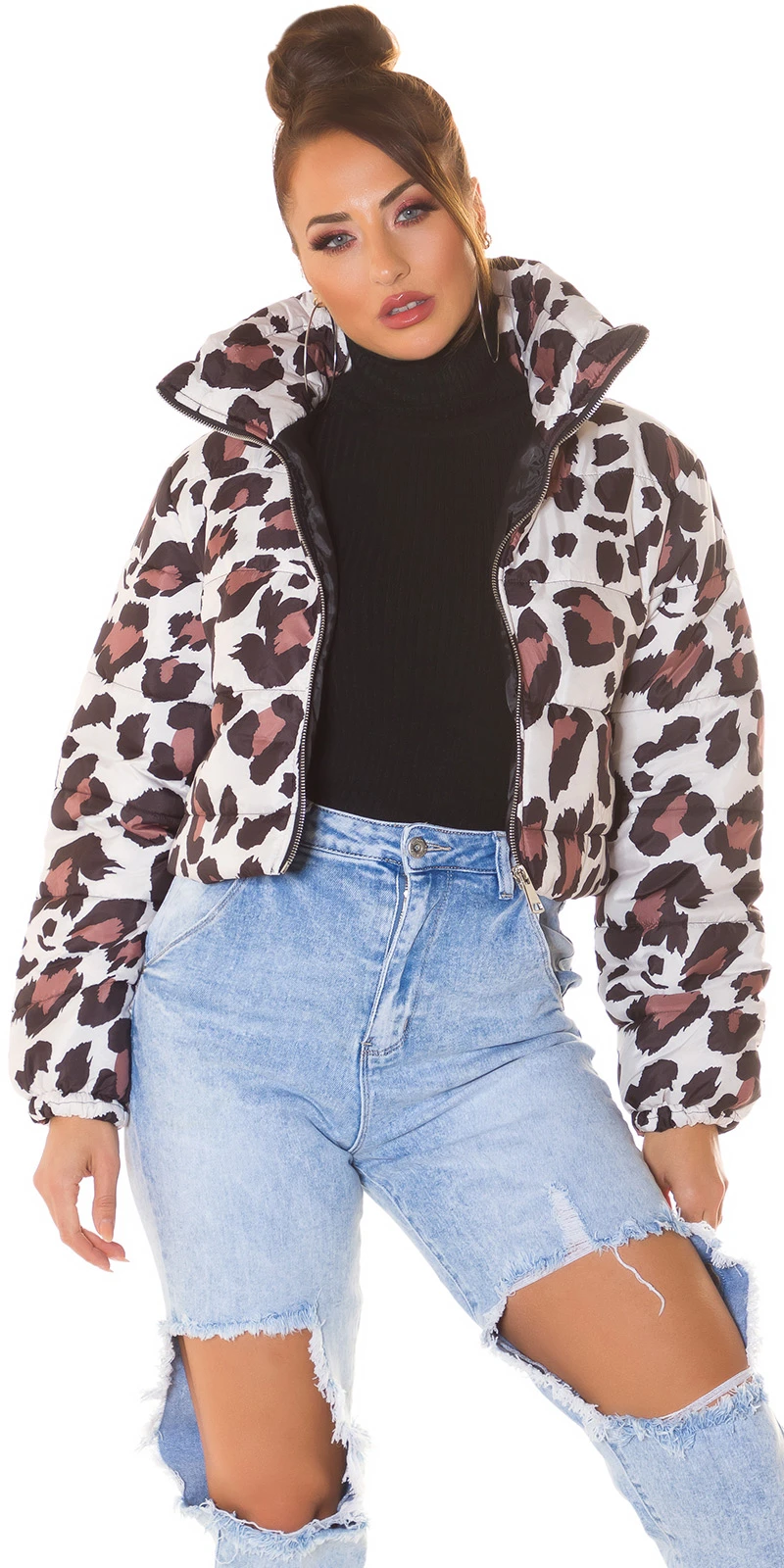 Giraffe Printed Crop Stepp Jacke