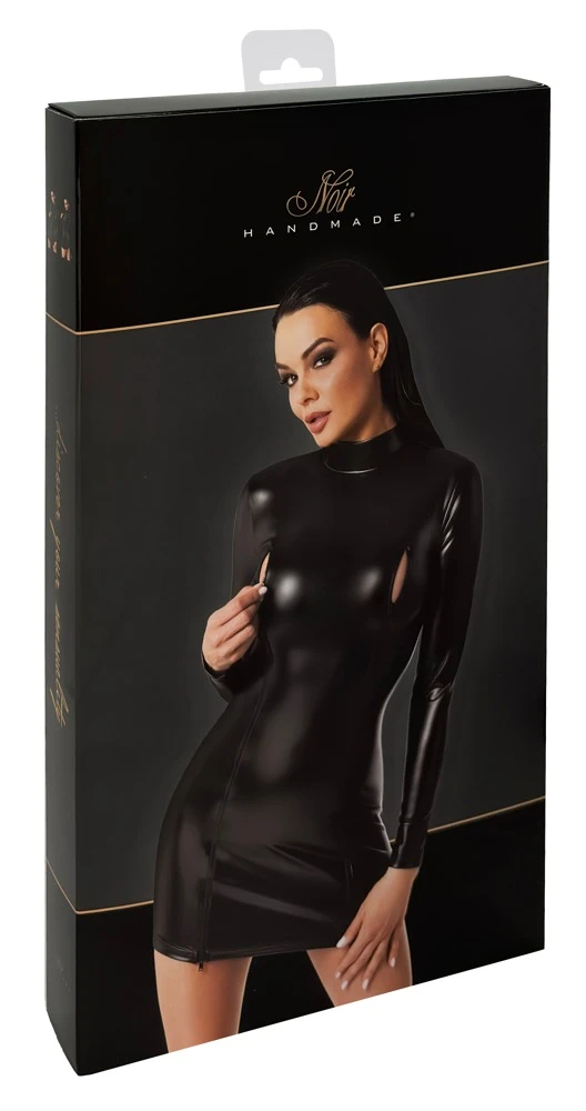 Noir Handmade Schwarzes Powerwetlook Minikleid langarm, 2-Wege-Reißverschlüssen über den Brüsten, Sexy Figurbetont