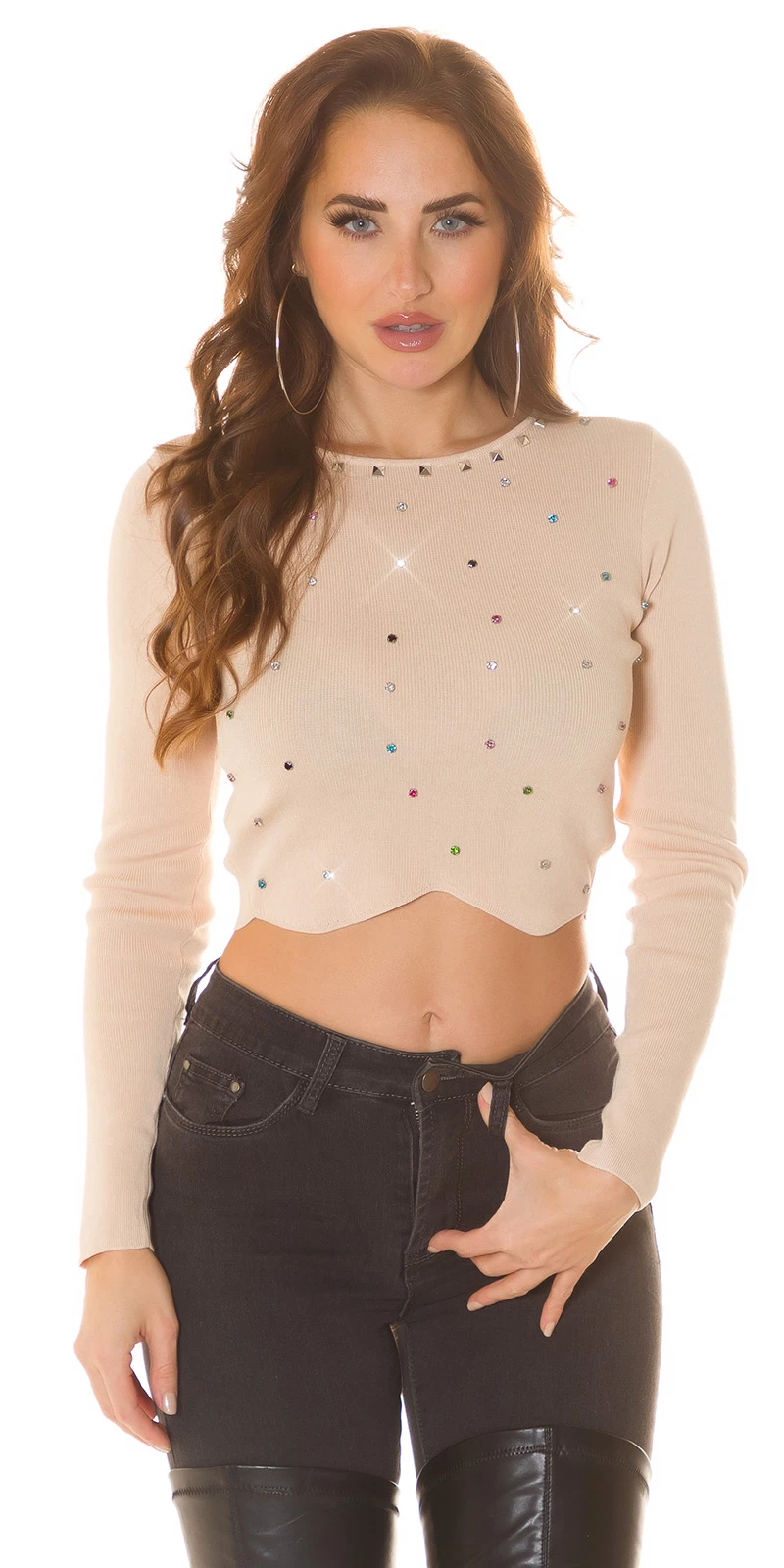 Crop Strickpullover Bauchfrei Langarm Rundhals-Ausschnitt Pullover mit bunten Glitzernieten