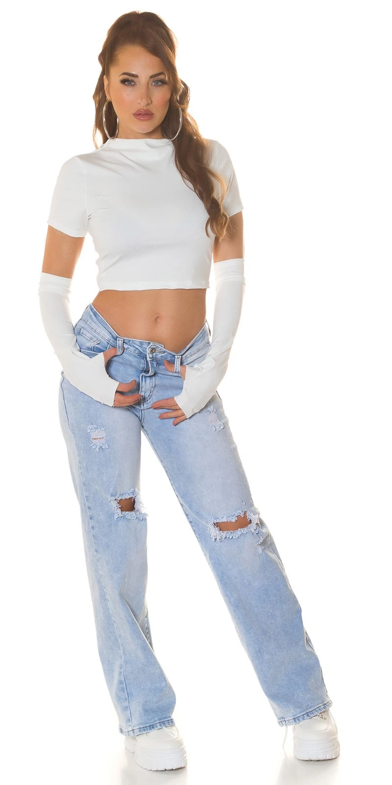 Turtle Neck Crop Top Bauchfrei Shirt T-Shirt mit Stehkragen und Armstulpen Daumenloch