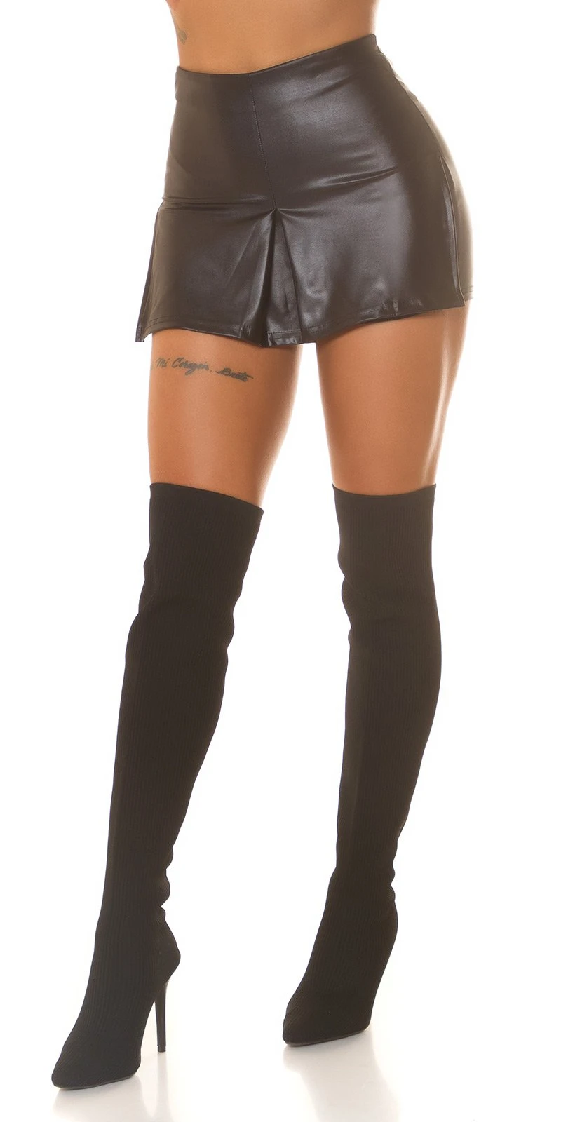 Damen Highwaist Leder Look Kunstleder Hotpants Shorts mit Minirock Skort