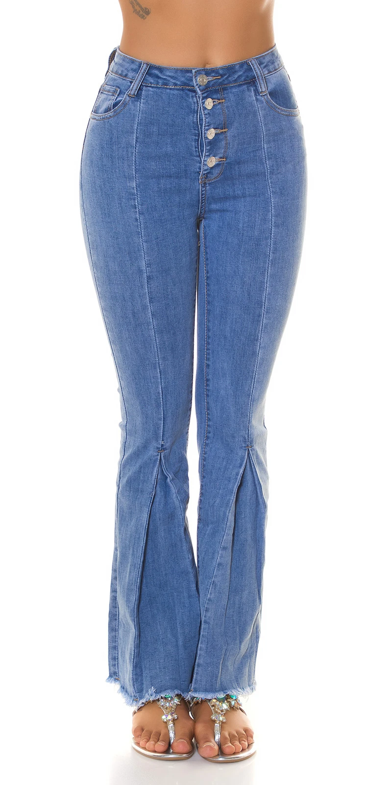 High Waist Schlag Jeans mit Deko Naht und Falten-Effekt