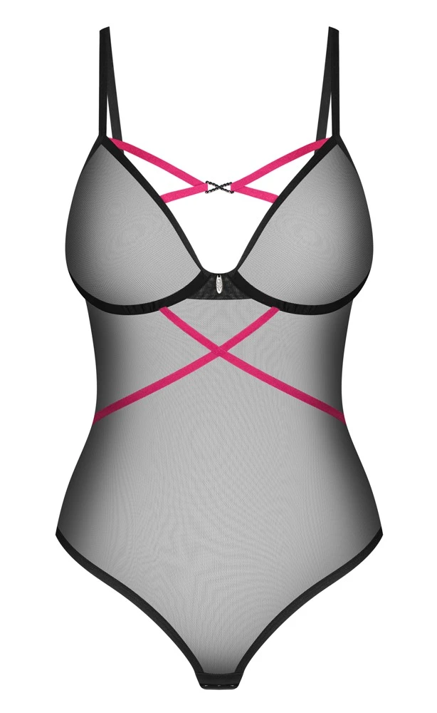 Transparenter Stringbody aus Powernet, Dessous- Lingerie Strasselement im Dekolleté