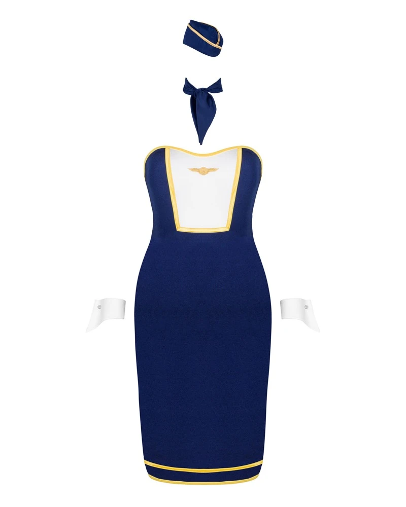 Obsessive 4-teiliges Stewardess Kostümin Blau.  Feminines Kleid mit goldenen Stoffeinsätzen , Mütze, Schal und Stulpen.