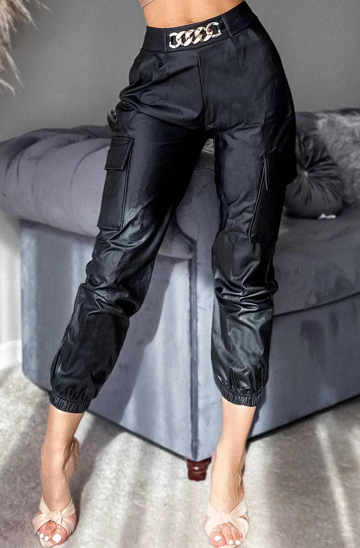 Kunstleder Cargo Pump High Waist Hose mit Deko Schnalle