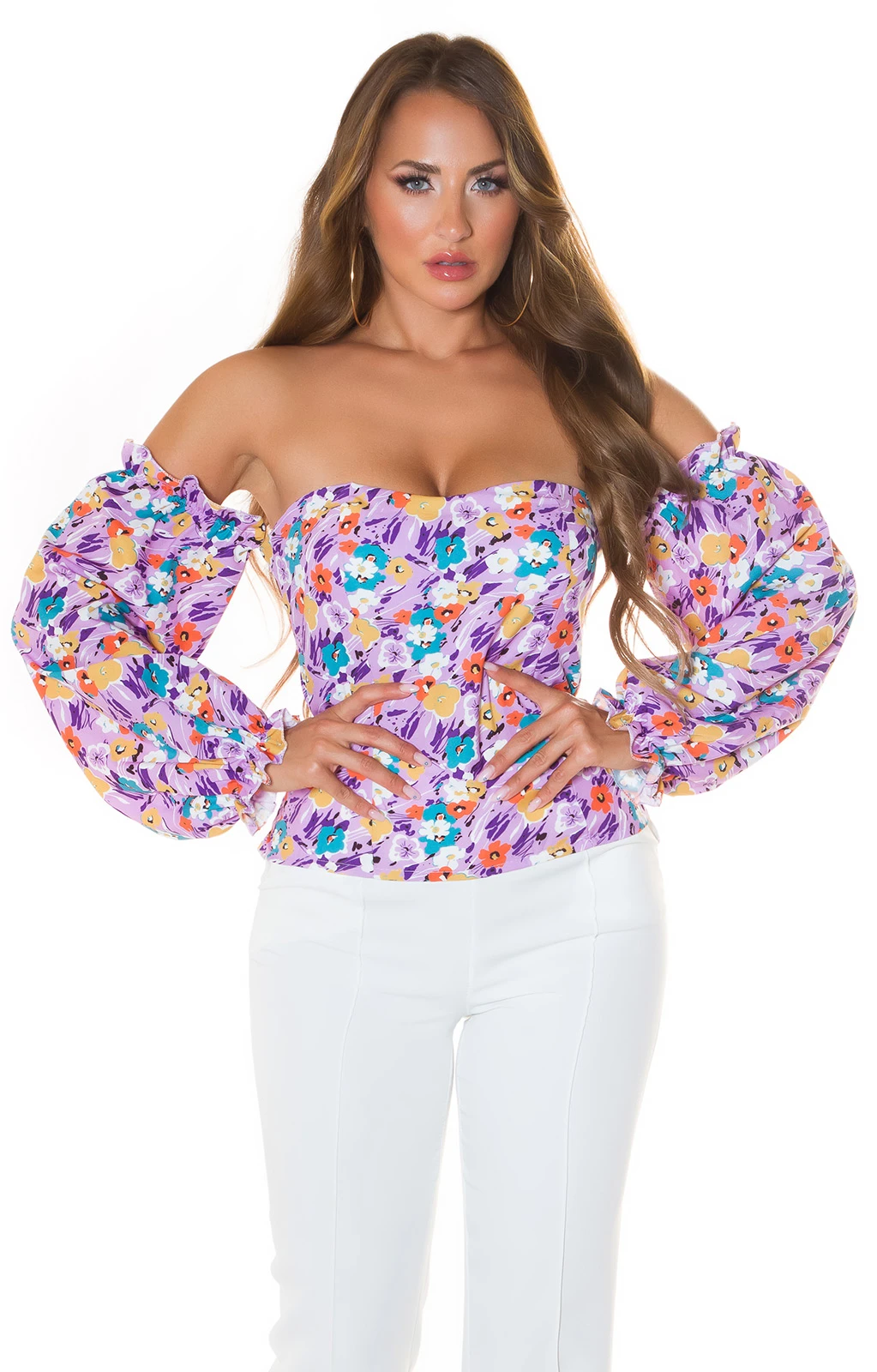 Latina Off Shoulder Langarm Bluse Shirt mit Flower Print