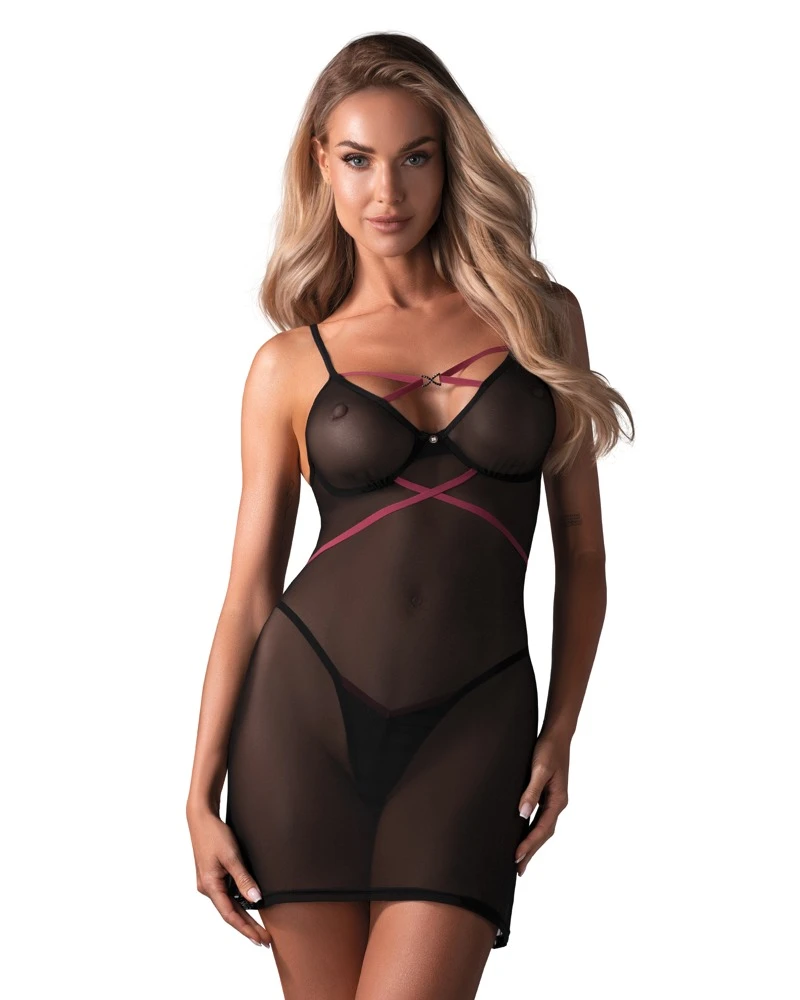 Negligé und String im Set, Dessous- Lingerie Set aus Raffiniertem Transparentes Powernet