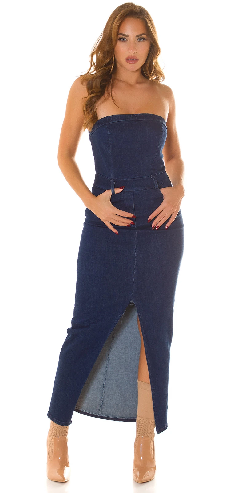 Dark Denim Bandeau Maxikleid Cotton Jeanskleid mit Schlitz