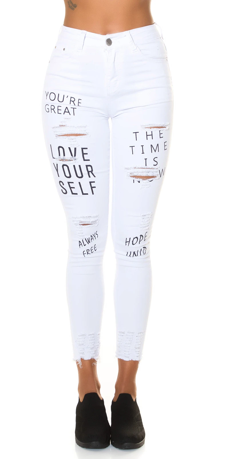 Destroyed Skinny High Waist Jeans mit Print und Risse