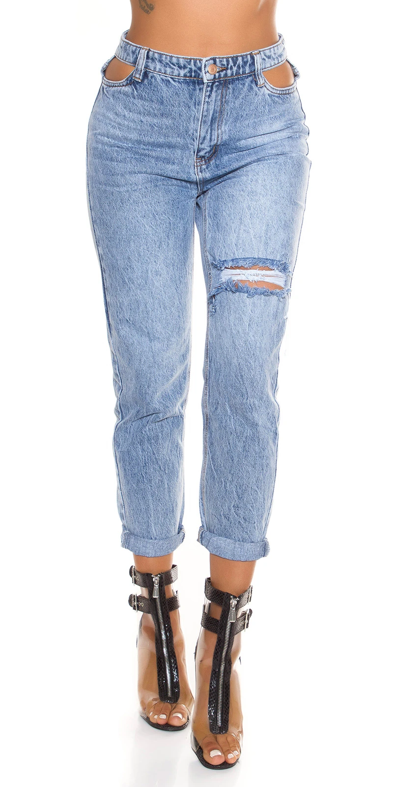 Used Look High Waist Mom Fit Jeans mit Cutout